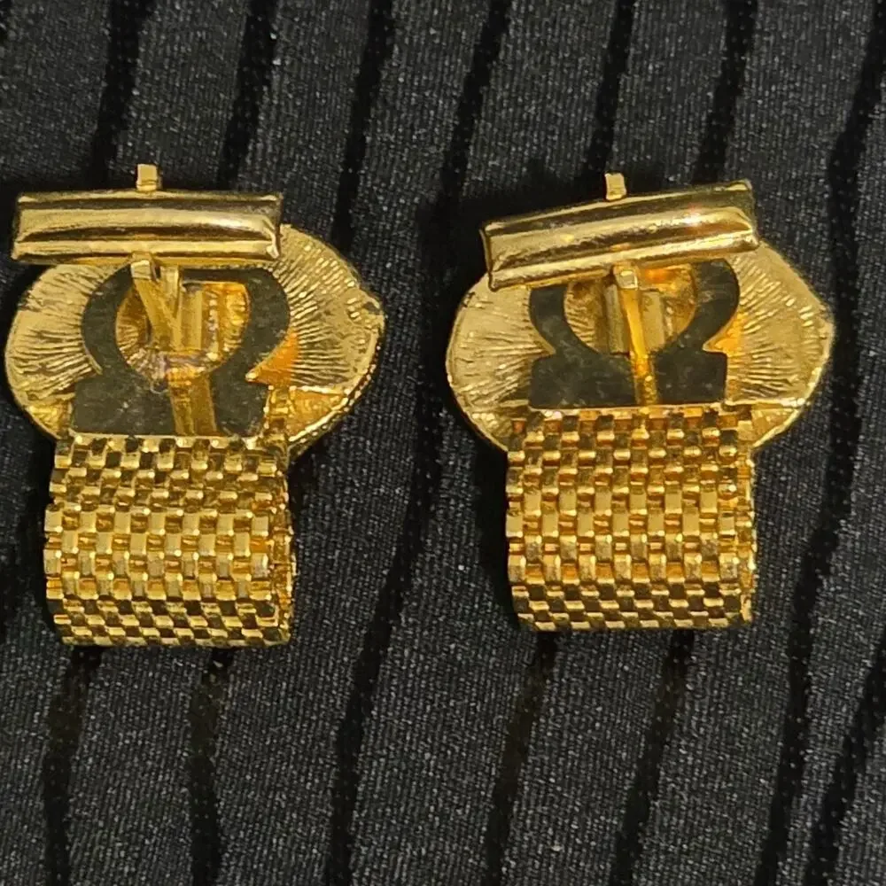 Vintage Omega Gold Tone Mesh Wrap Cufflinks Purple Rivoli Glass Stone Formal Pai